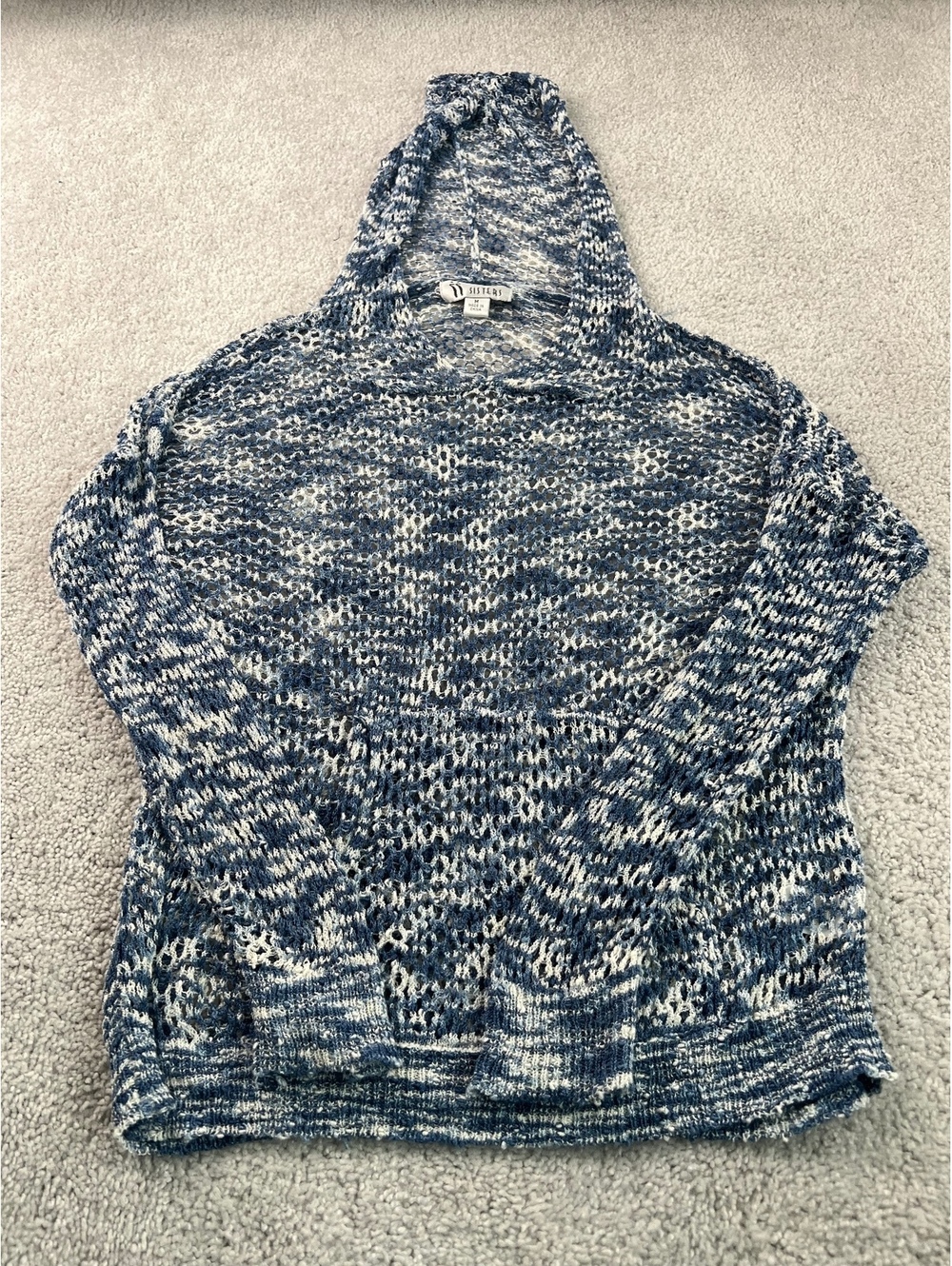 ii Sisters Women's Blue and White Knit Hoodie Sweater Medium